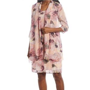 R & M Richards Floral Printed Scoop Neck 3/4 Sleeve Chiffon 2-Piece Jacket Dress